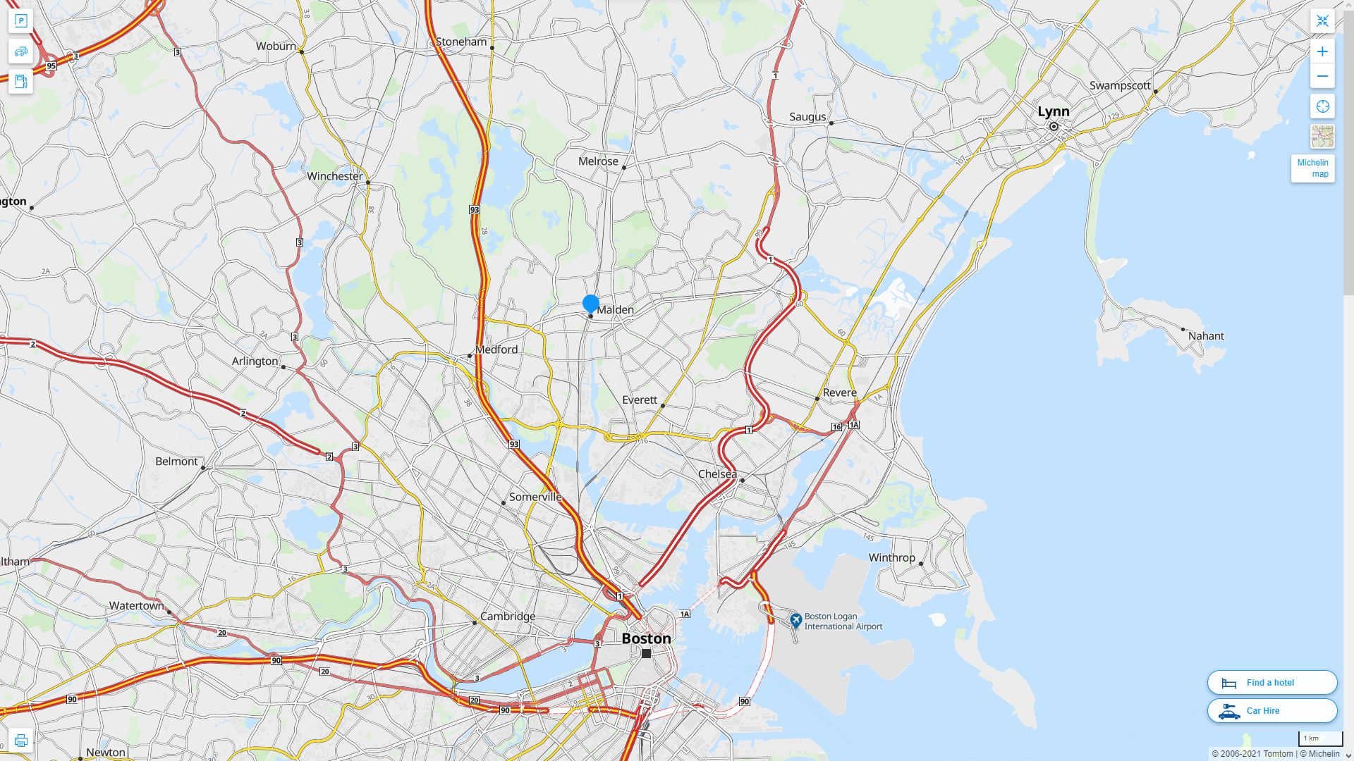 Malden Massachusetts Highway and Road Map